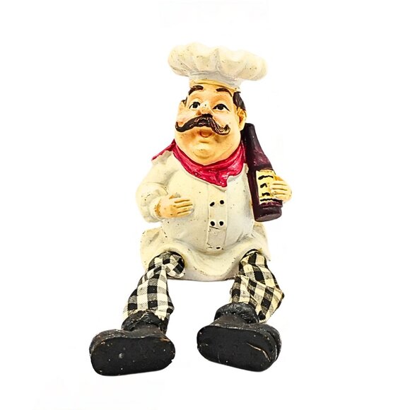 Vintage Sitting Drunken Chef Figurine Gingham Fabric Legs Wine Bottle Accent - Picture 1 of 6